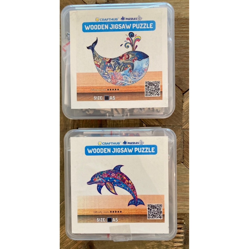 Set/2 Craft Hub Wooden Jigsaw Puzzle Unique Laser New Ocean Life Whale Dolphin